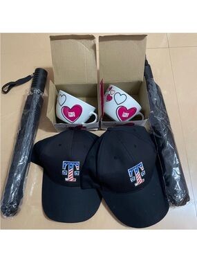 T Mobile Tuesday Black Baseball Caps with 'T' Logo - Pair, Umbrella, Coffee Cup